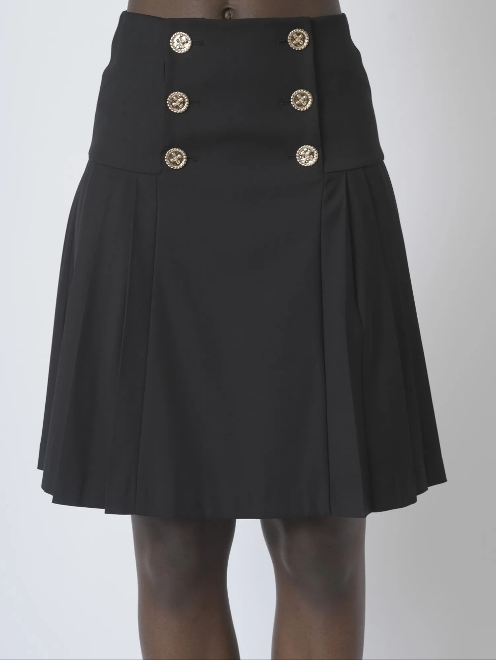 Edward Achour Black Pleated Skirt with Decorative Buttons